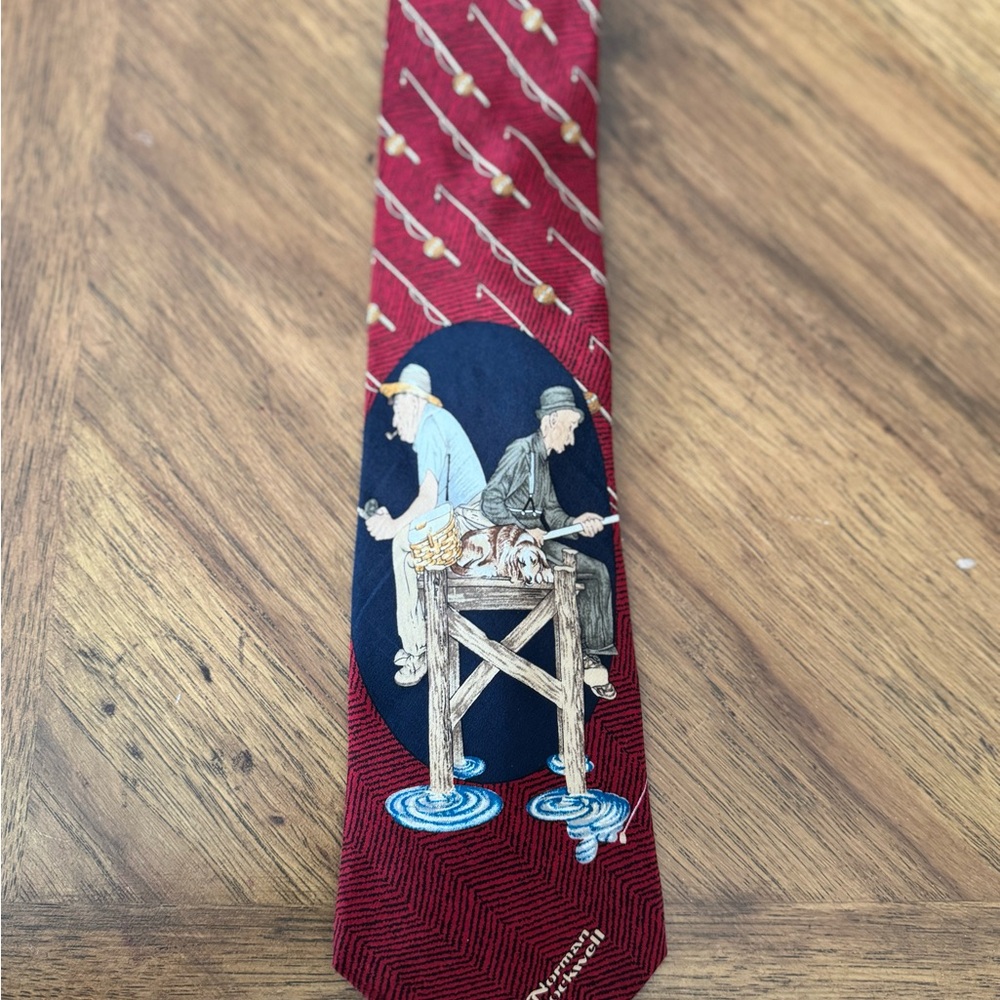 Norman Rockwell Art Tie – Fishing Scene Novelty Red Necktie